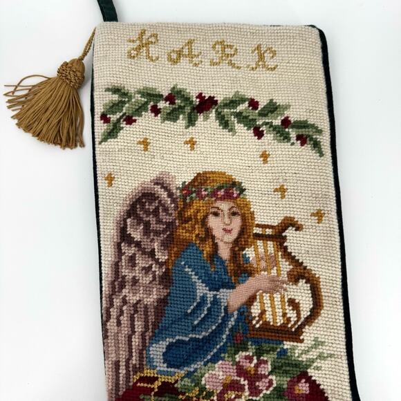 Vintage Hark the Herald Angels Sing Christmas Needlepoint Stocking Velvet Back - Picture 3 of 6